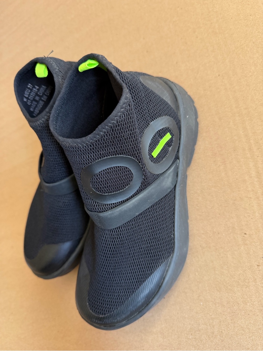 OOFOS Women's Black Slip-On Athletic Sneakers with Neon Green Tabs